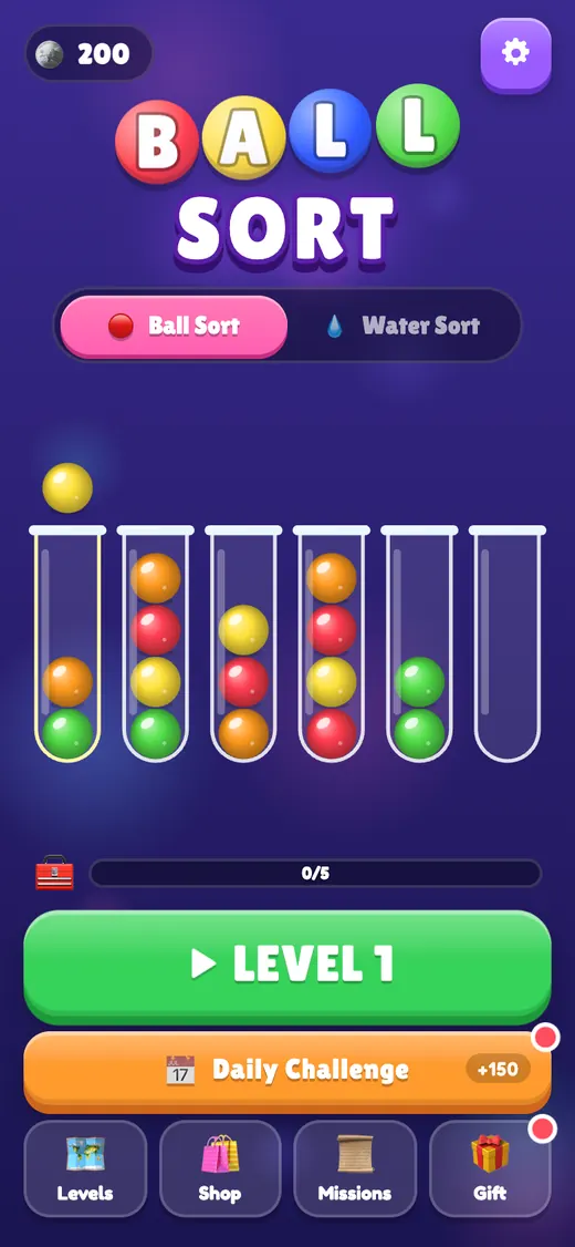 Ball Sort menu on a phone