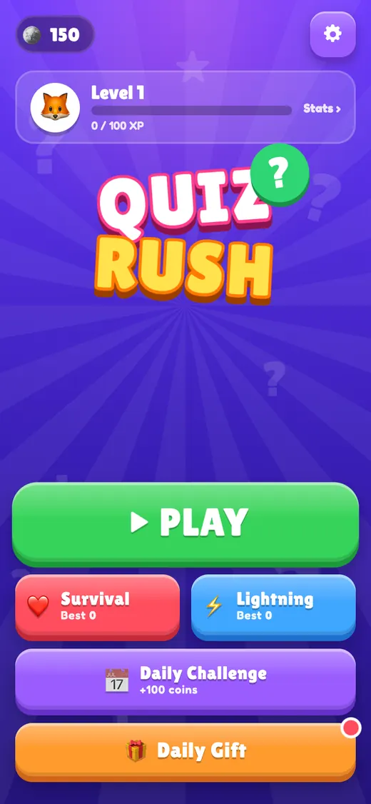 Quiz Rush menu on a phone