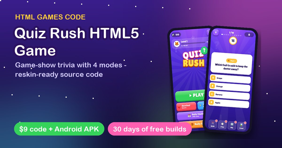 Quiz Rush HTML5 Trivia Game Code: 4 Modes, 191 Questions | $9